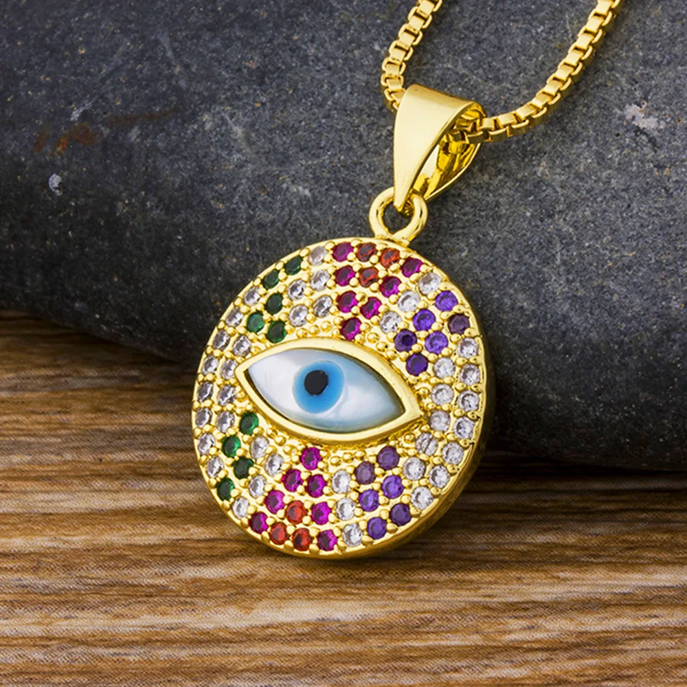 

AIBEF Round Gold Color Evil Eye Pendant Necklace Women Fashion Jewelry Cubic Zirconia Necklace For Bridal Wife Girlfriend Gift