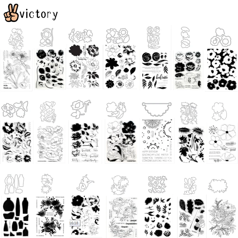 

Beautiful Flower Set Greetings Letter Decoration Metal Cutting Dies and Clear Stamps Diy Scrapbooking Photo Card Paper Craft
