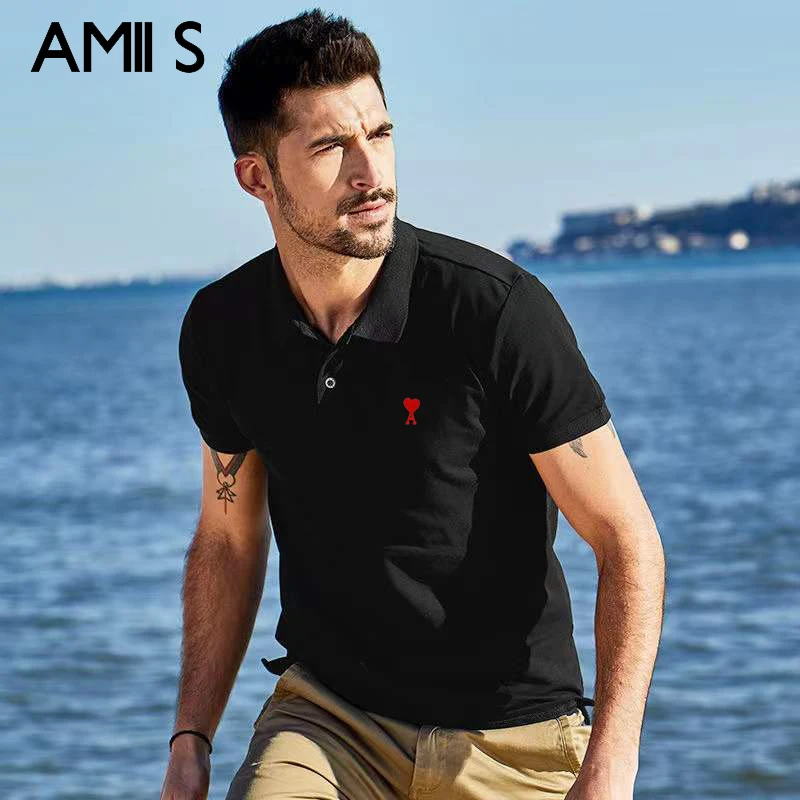 

Летняя новая стильная мужская и женская рубашка поло с вышивкой ami love из чистого хлопка с лацканами корейская мода свободная футболка с коро...