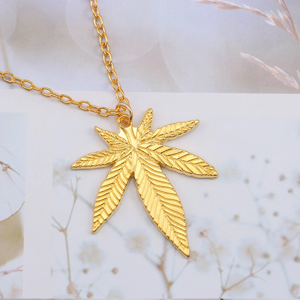 Ожерелье кленовый лист кулон в виде конопляного листа подвеска Золотая длинная