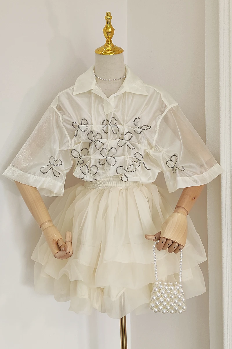 

2021 Summer New Pleated Flower Rhinestone Mesh See-through Shirt Top High Waist Pure Color Bud Skirt Two-Piece Suit Skirt