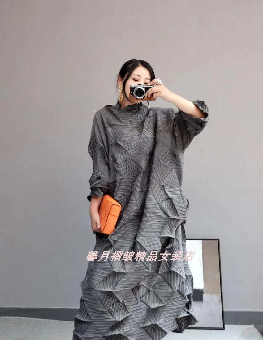 Горячая Miyake модное платье со складками со стразами, однотонное Свободное длинное платье со стоячим воротником