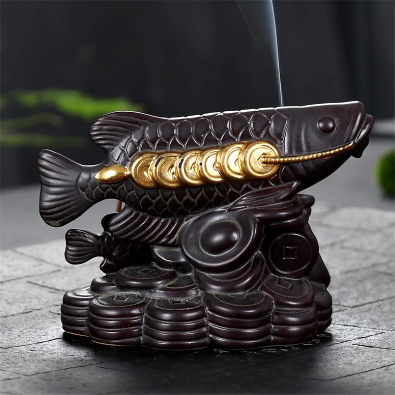 Ceramic Money Fish Incense Backflow Burner Smoke Waterfall Aroma Censer Stick Holder Home Decor + 10pcs Cones | Дом и сад