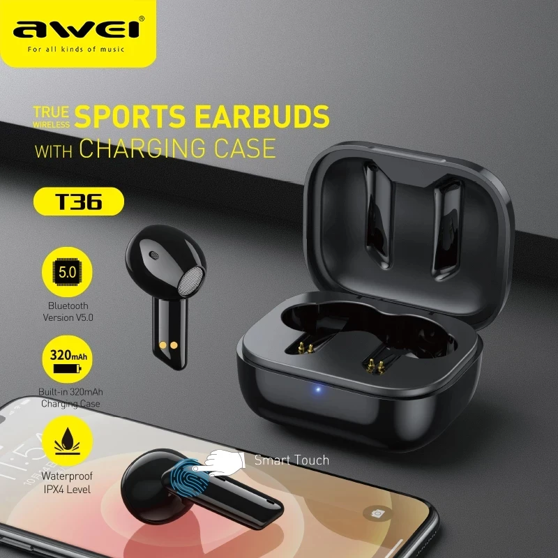 

Awei T36 TWS Беспроводные спортивные наушники Bluetooth-совместимые 5,0 мини-наушники-вкладыши с микрофоном Внутриканальные наушники с сенсорным упр...