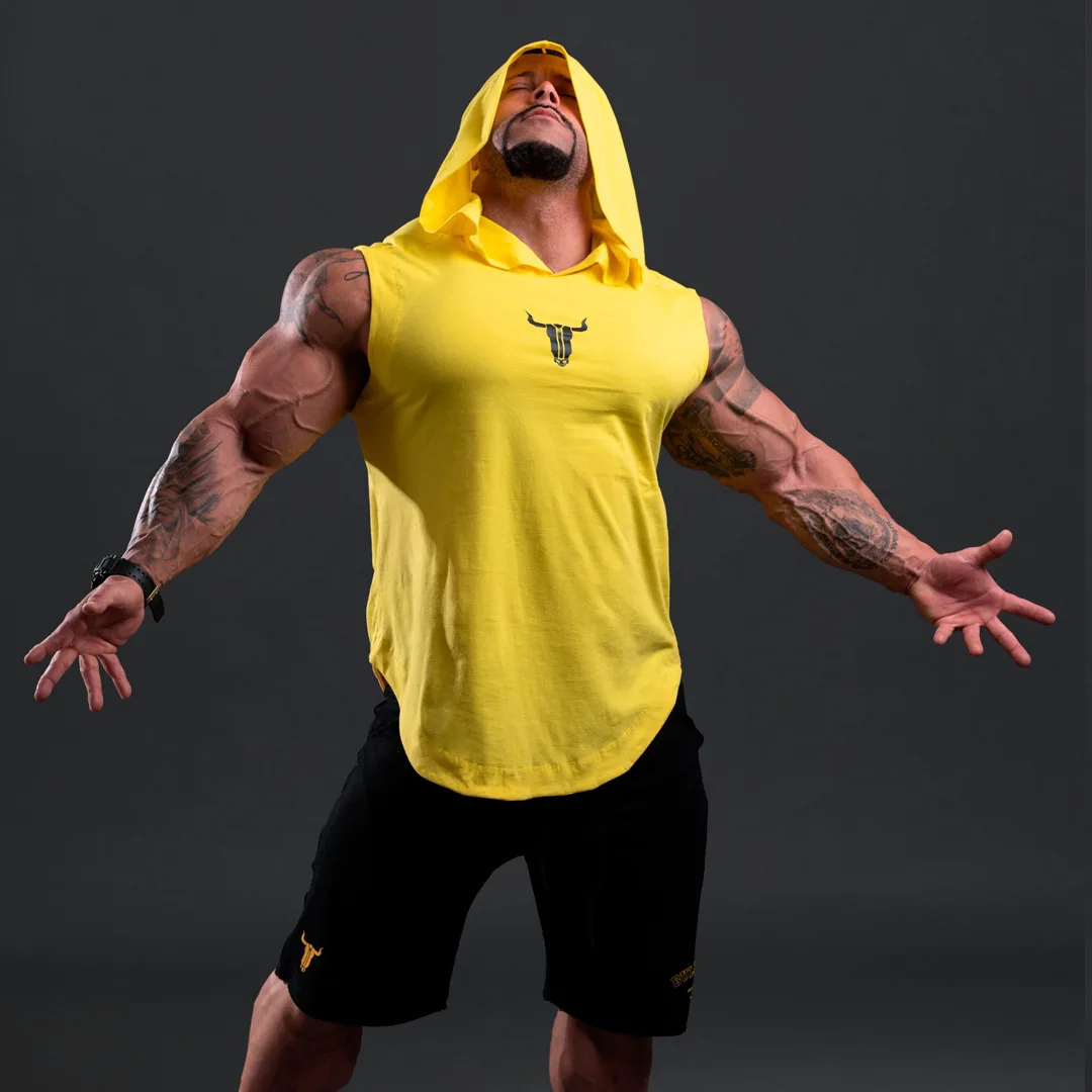

2021 New Fashion Bodybuilding Tank Tops Men Gym Fitness Hooded Vest Sleeveless Shirt Training Hoodie Casual Singlet Clothing