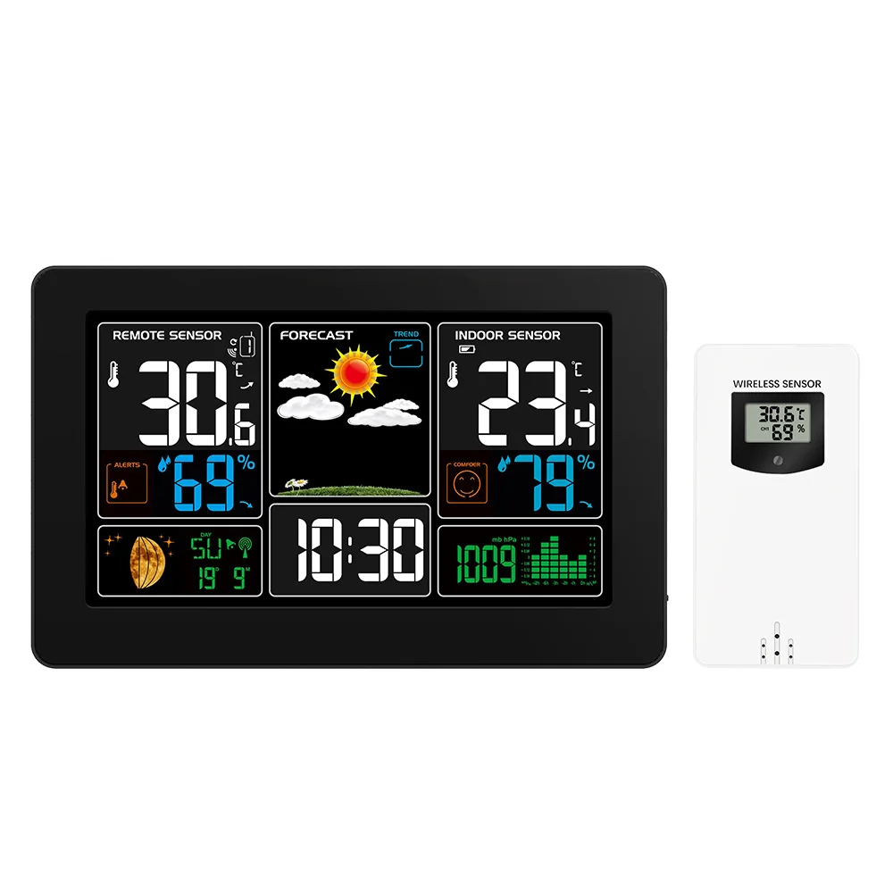 1 Outdoor Sensor EU Беспроводной цветной Метеостанция ЖК-экран дисплей будильник с наружной/внутренней температурой и влажностью цифровой погоды - Цвет: 1 Outdoor Sensor EU