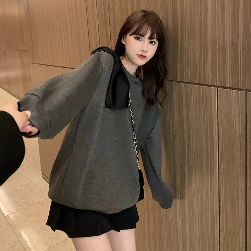 Женские толстовки большого размера топы с длинным рукавом и бантом серые круглым