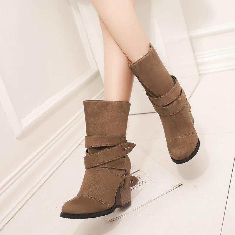 Женские ботинки до середины икры Fujin Винтажные с ремешком и пряжкой на толстом