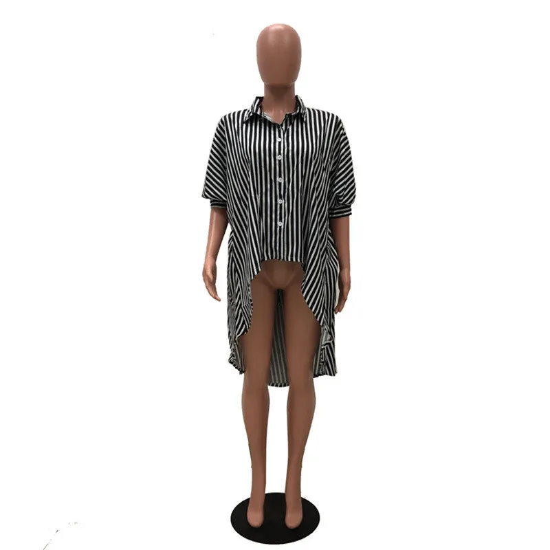 2019 Striped Blouse Long Shirt Women Blusas Loose Batwing Sleeve Turn-down Collar Asymmetrical Button-Up Casual Blouses Shirts