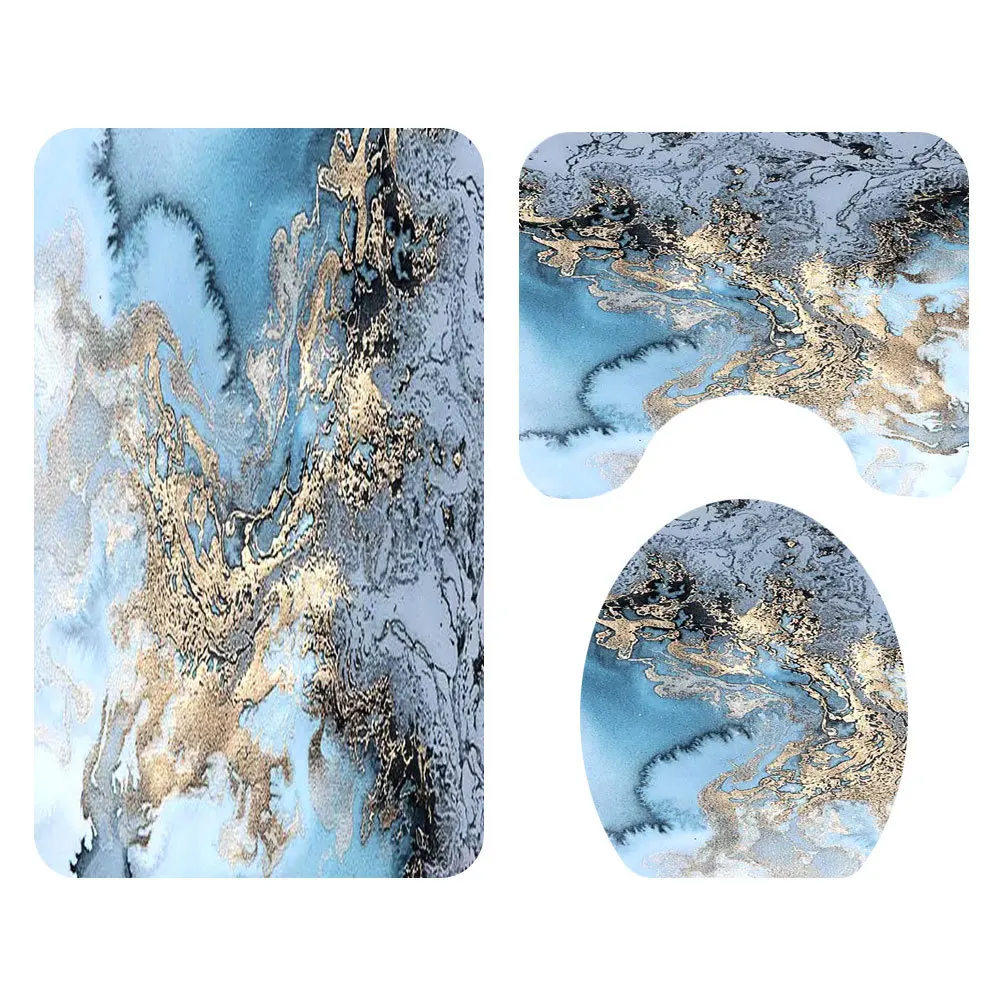 blue marble print home decor bath mat and shower curtain set bathroom carpet rug anti slip foot mat for toilet douche mat free global shipping