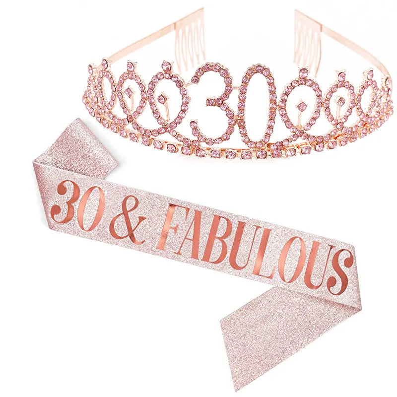 

Rhinestone Crystal Crown Tiara Birthday Anniversary Decoration Happy 18 21 30 40 50th Birthday Satin Sash Party Supplies