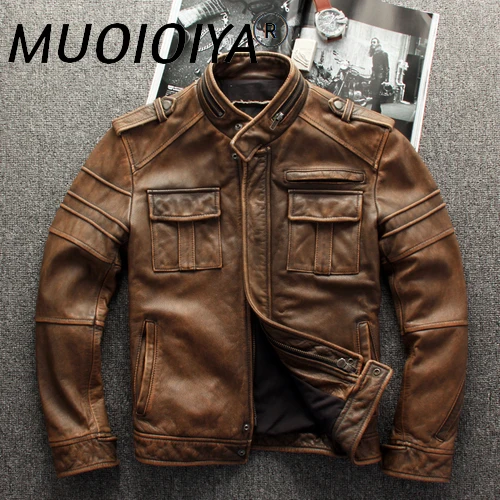 

Real Leather Jacket Men Vintage Stand Collar Motorcycle Coat Cow Leather Jackets Streetwear Man Clothes Casaco Masculino WPY3886