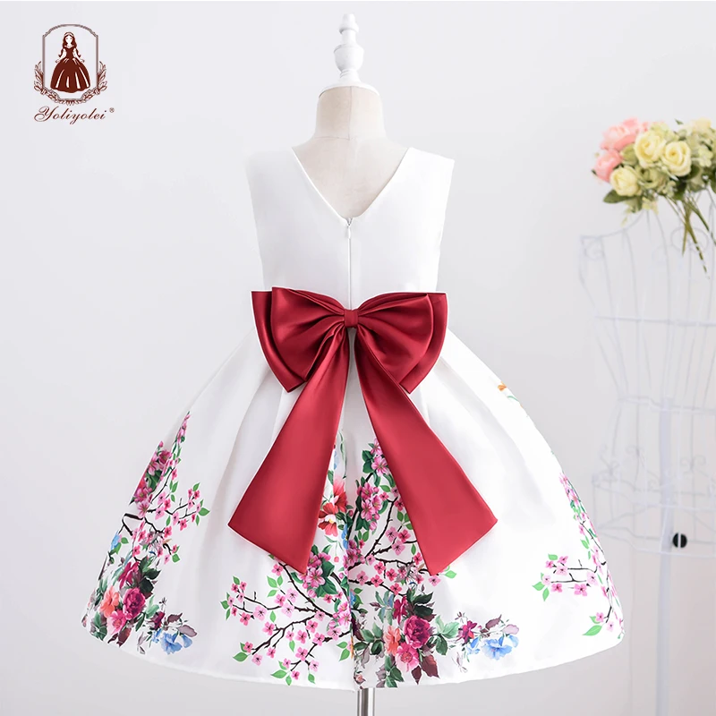 

Yoliyolei 3D Print Easter Children's Dresses V-back Fashion 5-9 Years Kids Wear Summer Pretty Bowknot Floral Mid-calf Girl Dress