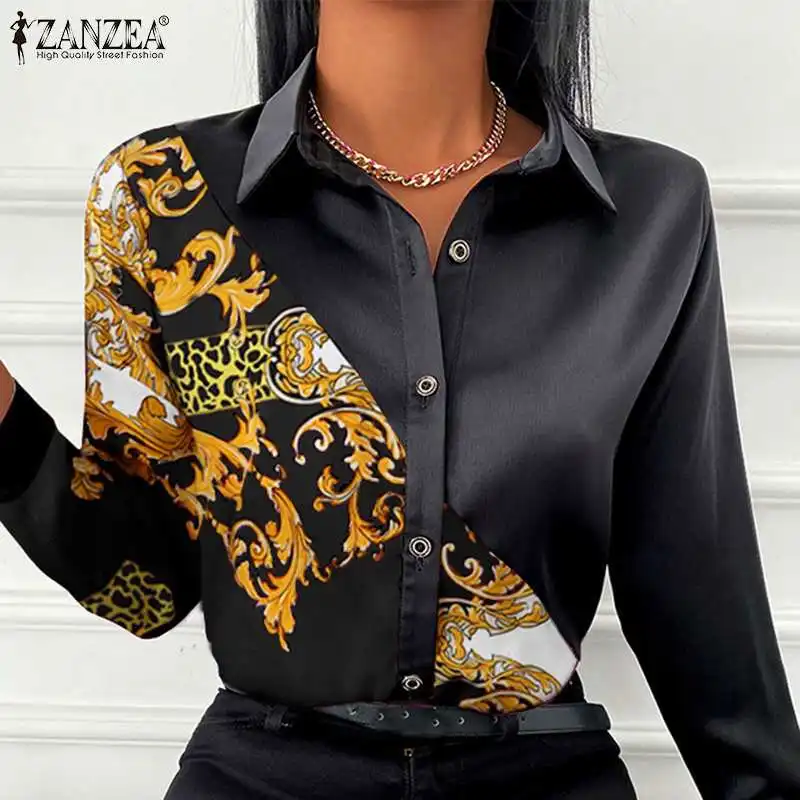 Elegant Women Scarf Floral Printed Shirt Autumn Lapel Neck OL Blouse ZANZEA 2022 Fashion Long Sleeve Patchwork Tops Work Blusas