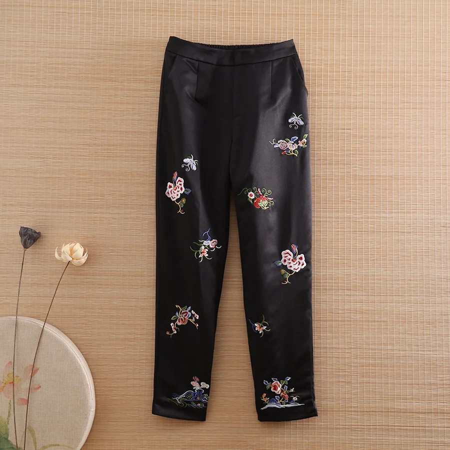 

Брюки женские с цветочным принтом, винтажные Теплые повседневные блестящие штаны с вышивкой, Осень-зима