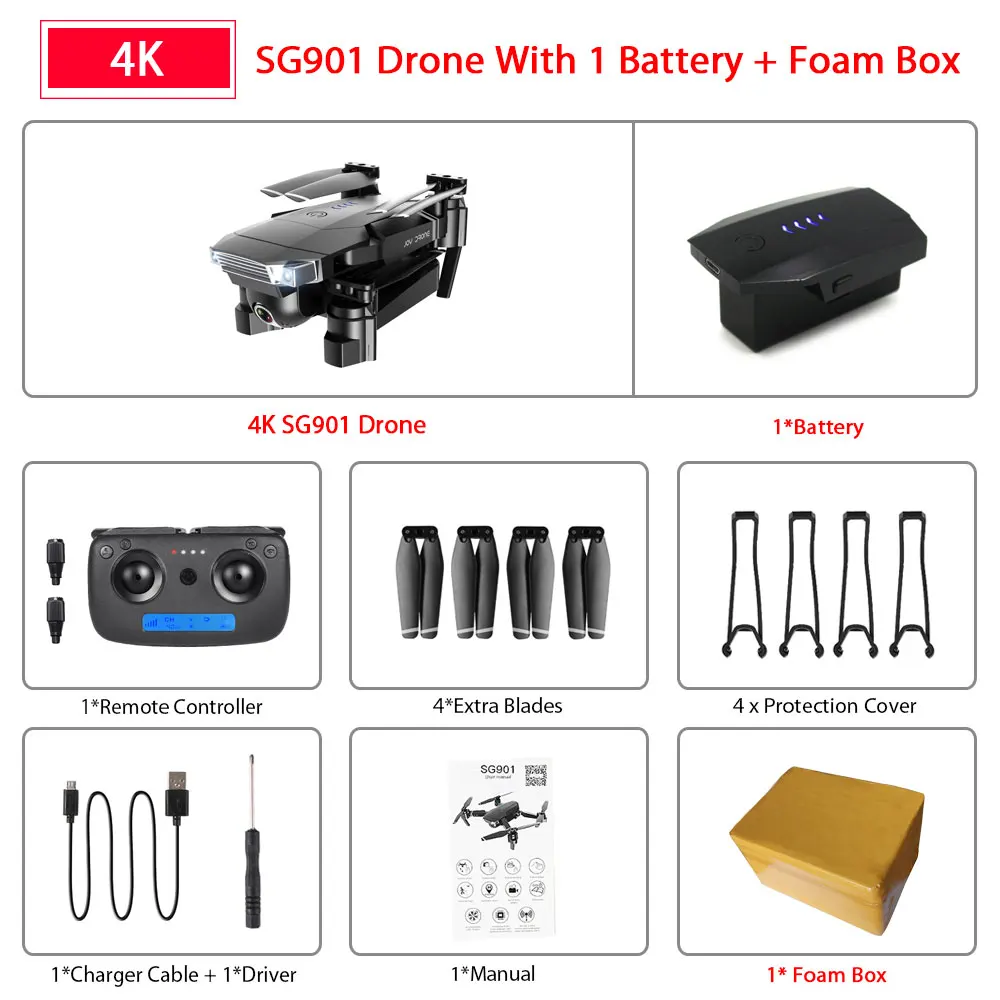 SG901 4K 1B Foam Box ZWN SG907 SG901 gps Радиоуправляемый квадрокоптер с Wifi FPV 1080P 4K HD Двойная камера оптический поток Дрон следуй за мной мини Дрон VS SG106 E502S - Цвет: SG901 4K 1B Foam Box