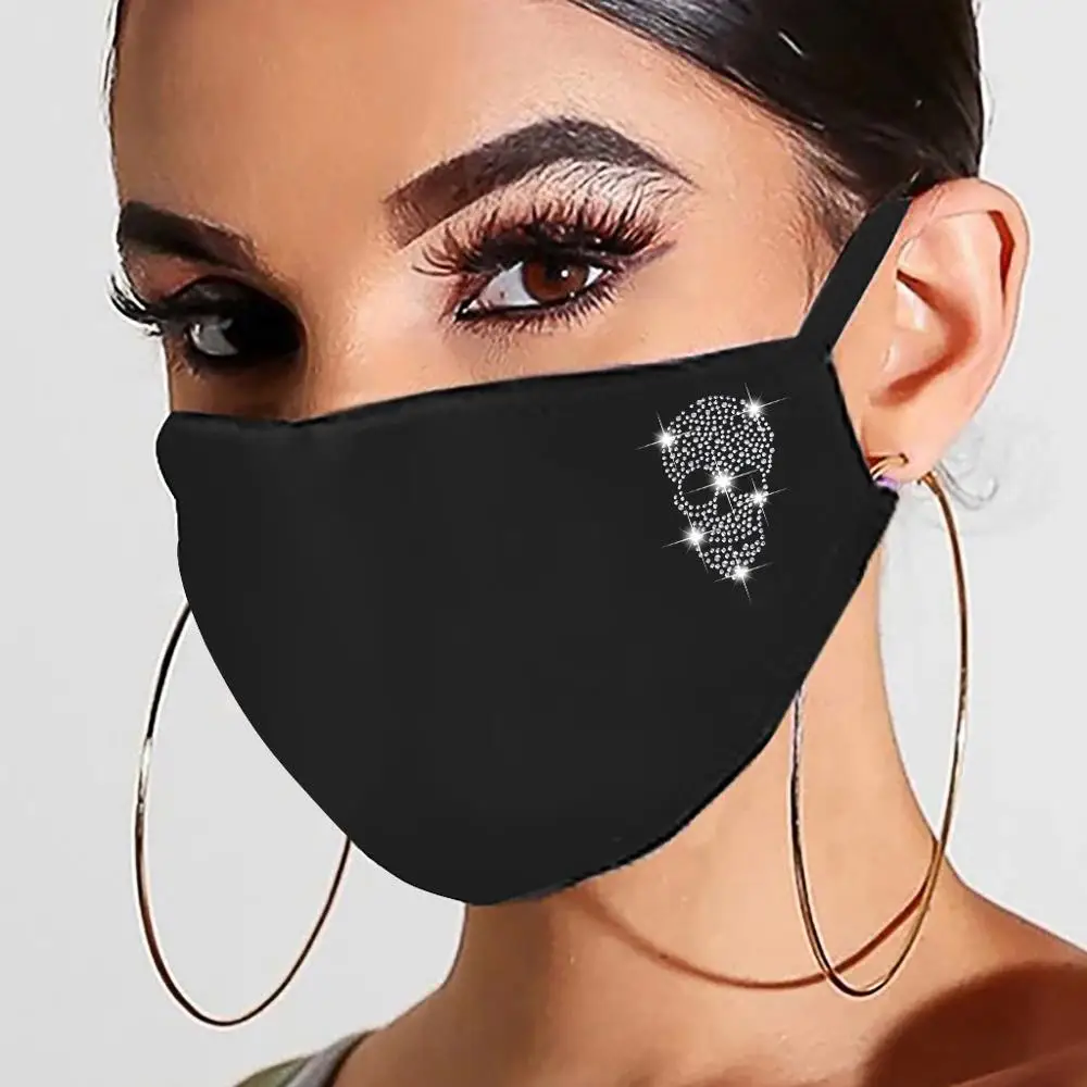 

Women Reusable Outdoor Drill Breathable Fashion Ice Windproof Mask Letter Rhinestone Pattern Mask Washable Dustproof Cotton Mask