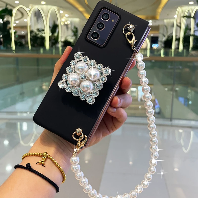 franch style conque for samsung galaxy z fold 2 3 w21 5g bling diamond rhinestone stand holder case cover with pearl hand chain free global shipping