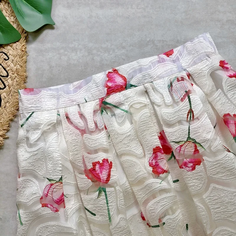 Женские юбки длиной до колена с принтом розы открытые французские романтические