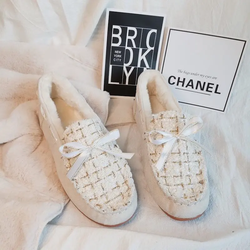 

Women Winter Loafers with Warm Fur Plush Inside Slip-On Casual Ladies Shoes Girl Bean Flats Comfortable Footwear bh03