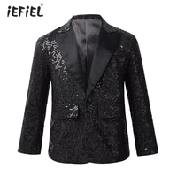 2020 kids boys stylish shiny sequins lapel single button suit jacket coat blazer tuxedo wedding banquet party stage performance