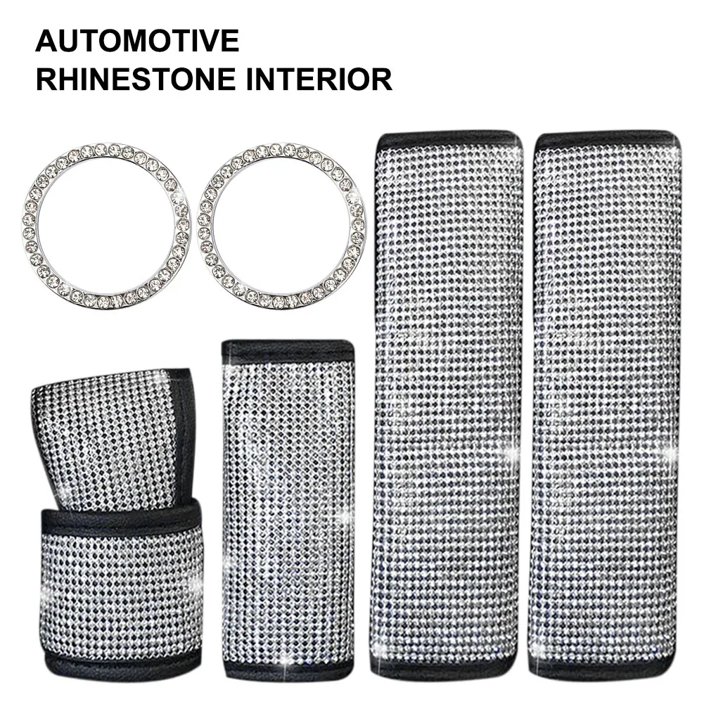 

6pcs Shiny Car Interior Set for Women Bling Rhinestone Kit Seat Belt Cover Handbrake Gear Shift Cover Engine Start Button Ring