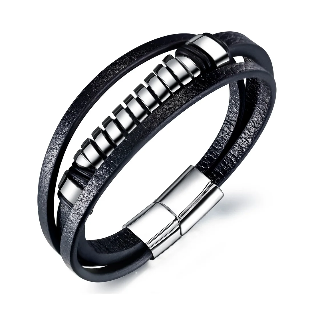 

JHSL New Arrival 2020 Punk High Quality PU Leather and Stainless Steel Male Men Statement Black Bracelets Bangles