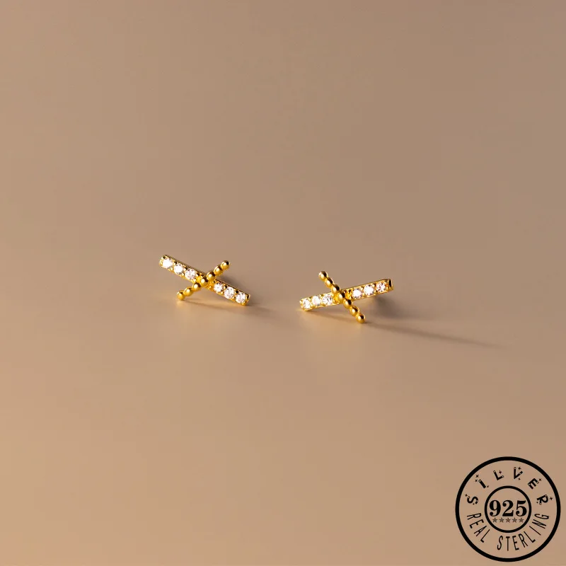 

925 Sterling Silver Cubic Zircon Initial Letter X Shape Small Studs Gold Color Plated Geometric Earrings Jewelry for Women Girls