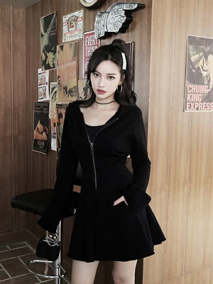 Женское готическое мини платье с капюшоном модное черное длинным рукавом и