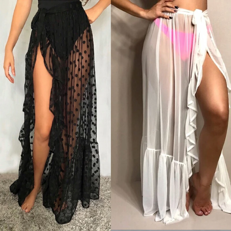 

Black/White Beach Dress Bikini Cover-up Sexy Split Summer Mesh Sheer Sarong Dot 2020 Monokini Hawaii Vacation Bikini Wrap Skirt