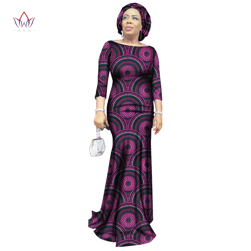 

2021 New African Women Wedding Clothing with Headscarf Dress Fashion Women Elegant outfits Wax Print Cotton Wear WY869