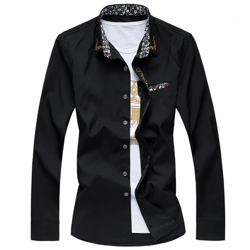 Мужская рубашка с воротником-стойкой синяя повседневная классическая длинными