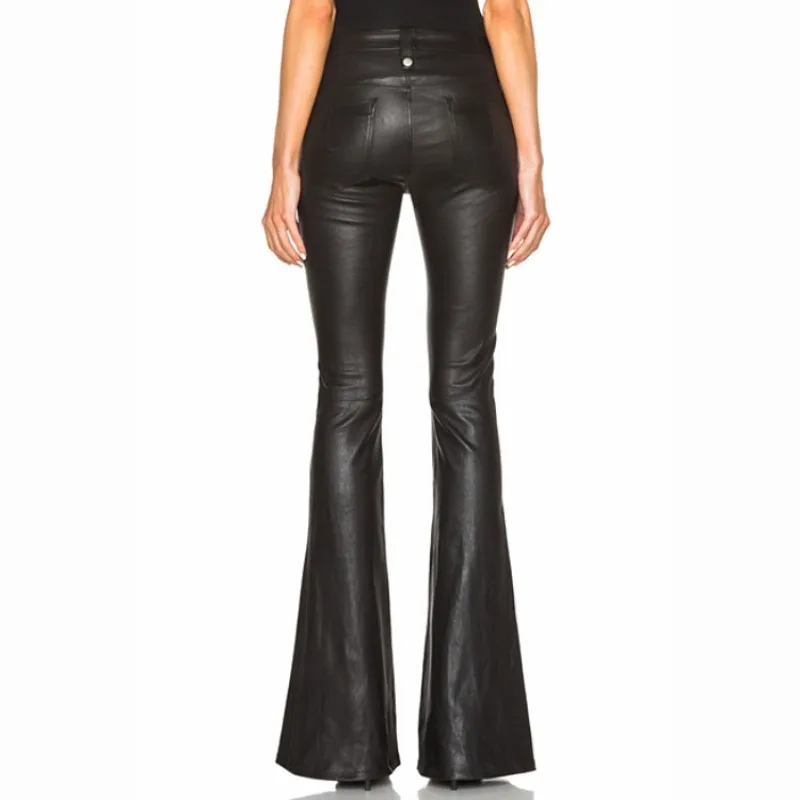 Cool Punk Fashion Womens Lace Up Slim Fit Trousers Female Flared Bell-bottom PU Leather Pants Size XS-XL Free Shipping