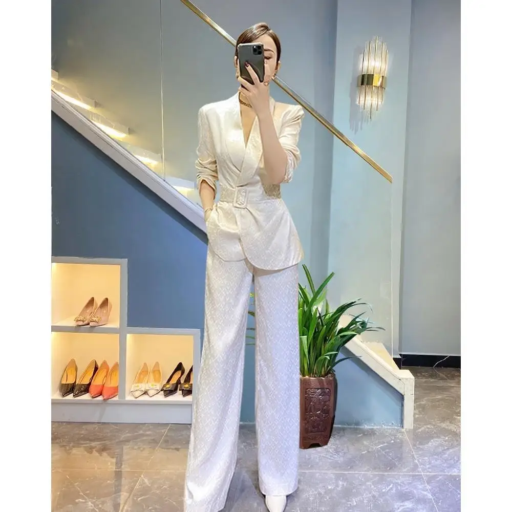 

2021 spring new style temperament waist show thin suit suit women's wide leg pants small two piece professional suit women