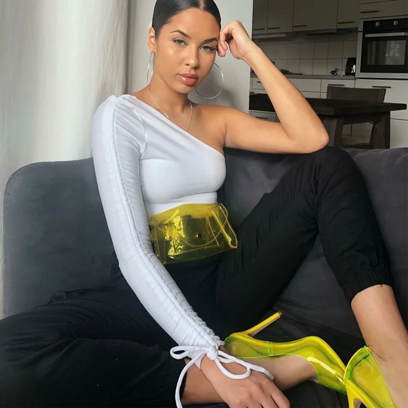 Женская футболка на одно плечо однотонная Приталенная с длинным рукавом и