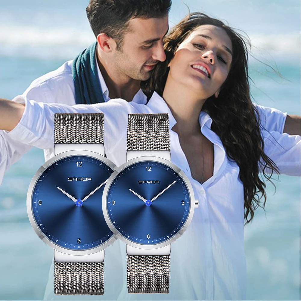 Модные минималистичные стильные ультра тонкие сетчатые часы для пары