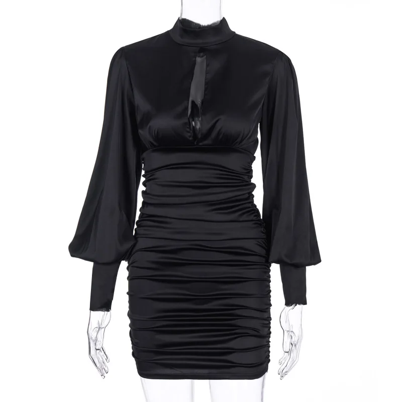 

Europe and the United States hot 2021 spring autumn sexy temperament women's pleated long sleeve round neck dress