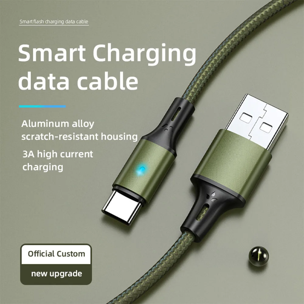 

5V 3A Fast Charging Cable with LED Breathing Light Nylon Braided Type C Micro USB 480Mps Data Cable For iPhone Samsung Xiaomi