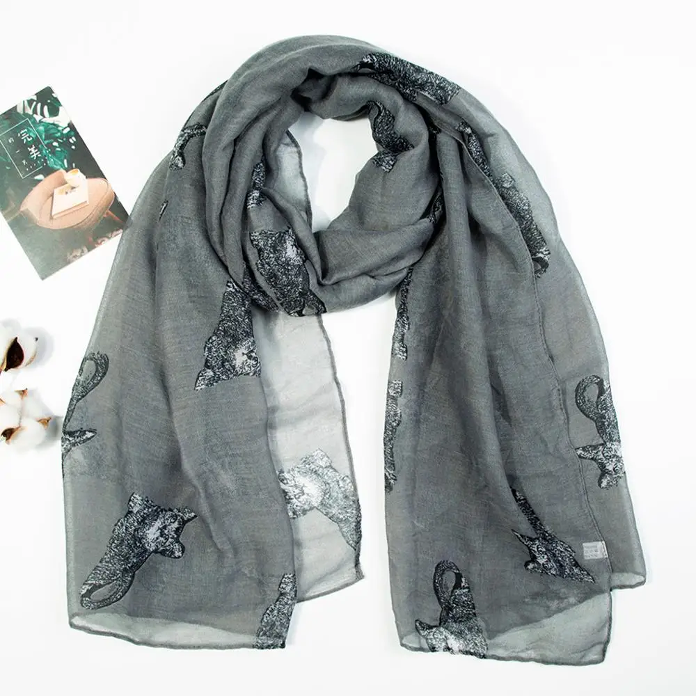 Женский шарф бандана в клетку платок женский зимний шифоновый с принтом кошки