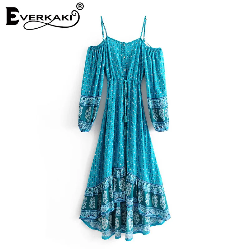Light Blue Everkaki Gypsy Floral Print Slip Dress Women Sashes Boho Adjustable Waist Off Shoulder Tassels Dresses Female Autumn New - Цвет: Light Blue