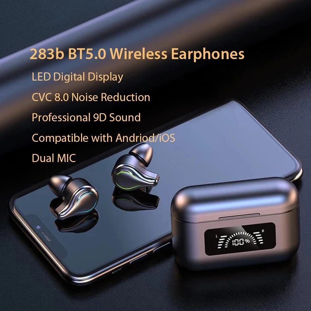 

BT5.0 Wireless Earphones In-ear Earbuds w/LED Digital Display 1200mAh Charging Base Noise Reduction Touch Control Sport Headset