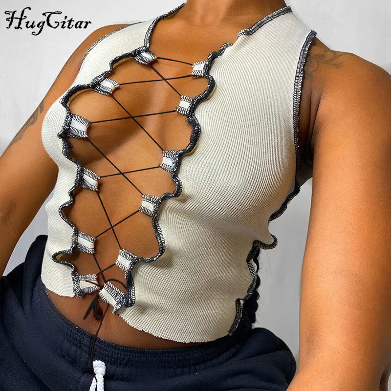 Женский топ без рукавов Hugcitar на бретелях с вырезами летняя уличная одежда