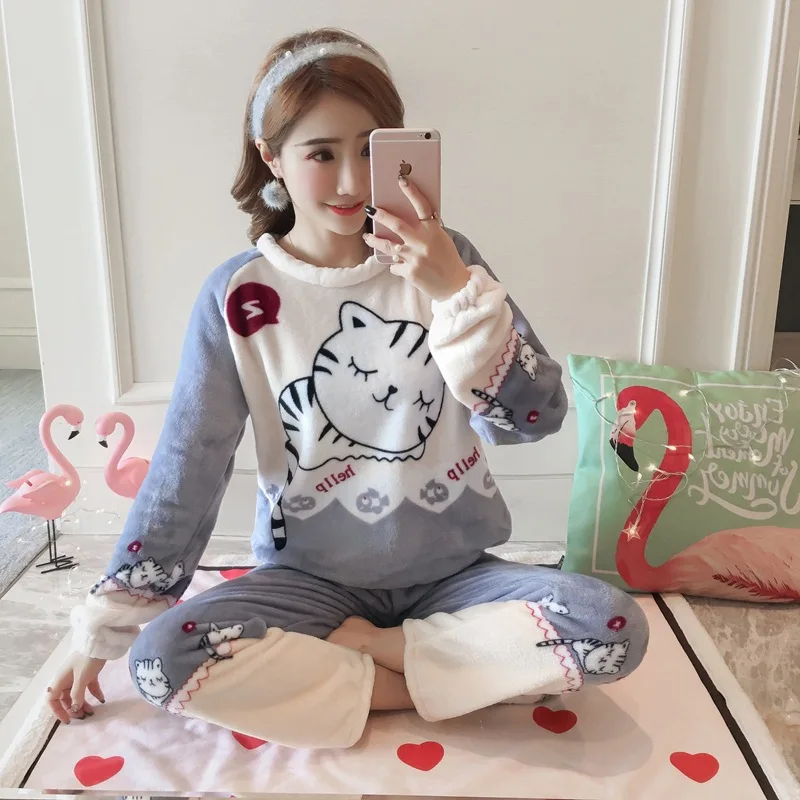 

SLPBELY Flanne Cat Women Pajamas Set Lovely Thick Sleepwears Cartoon Long Sleeve Pyjamas Sets Cute Homewear Nightwear