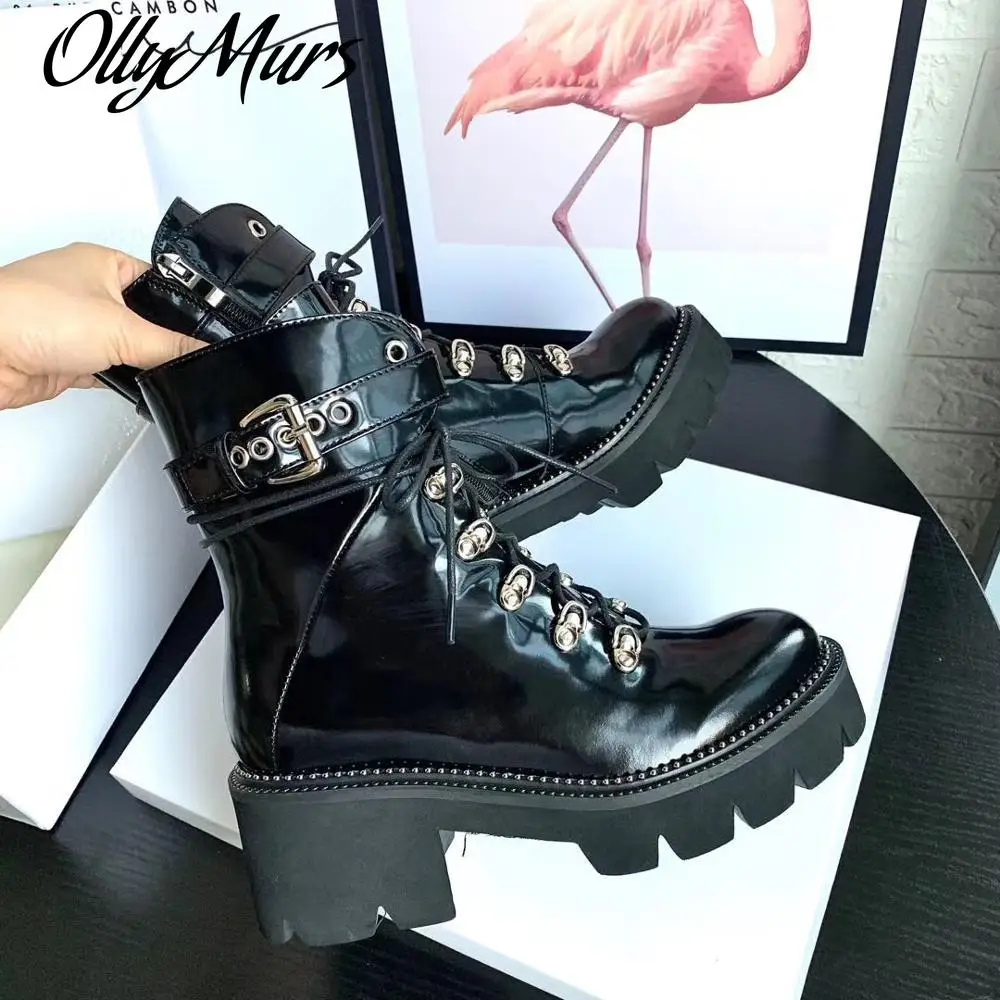 

Ollymurs Genuine Patent Leather Women Ankle Boots Luxury Design Wedges Women Martin Boots Autumn Winter Short Motorcycle Boots