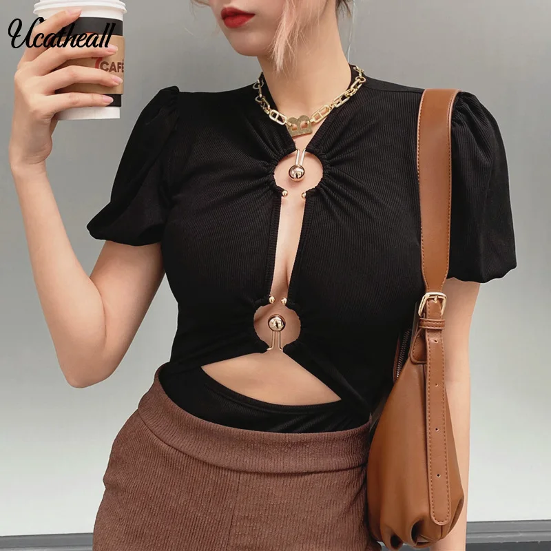 

Women Sexy Solid Color Bodysuits Summer Stretchy Short Sleeve Slim Circle Ring Bodysuit Jumpsuit Bodycon Women Body Top Clubwear