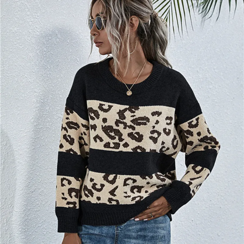 

Winter Casual Women Leopard Sweater 2020 Fashion Vintage O-neck Long Sleeves Loose Sweaters