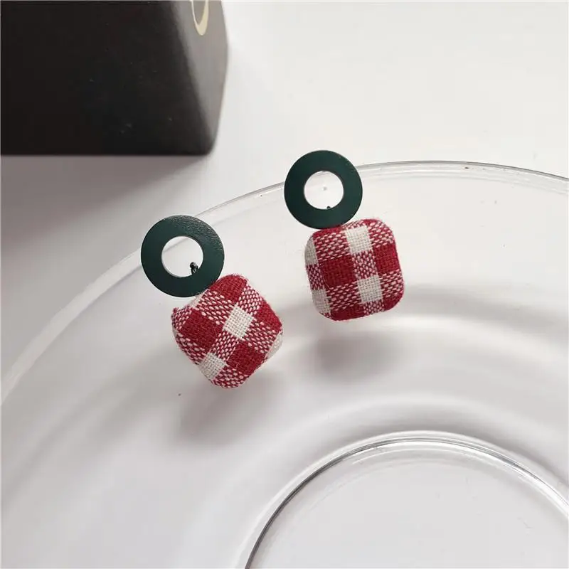 Винтажные красные клетчатые серьги на пуговицах элегантные богемные тканевые