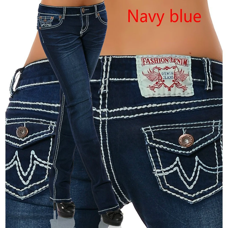 

Color denim elastic thick thread Embroidered Denim mid waist pants
