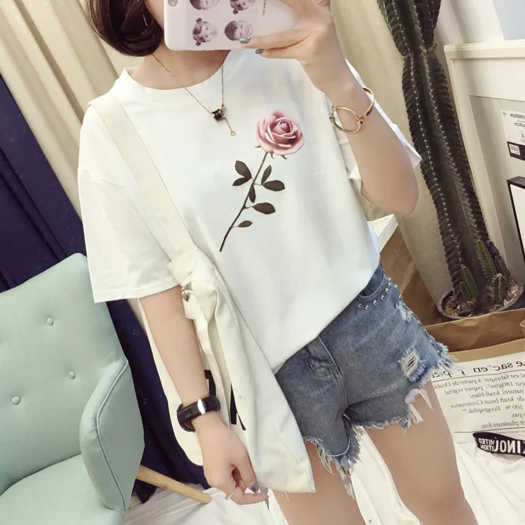 Женская футболка с цветочным принтом милый топ круглым вырезом женские топы