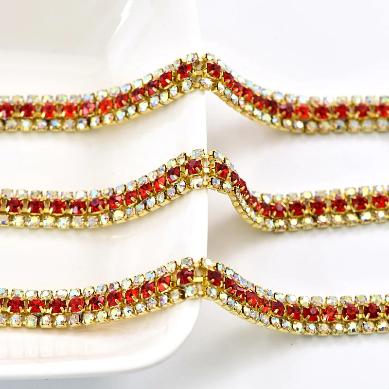 3 ряда 1 ярд стразы Кубок цепи с золотой коготь красочные Стекло Strass Rhinetones обрезки Швейные Ремесло украшения Y2286